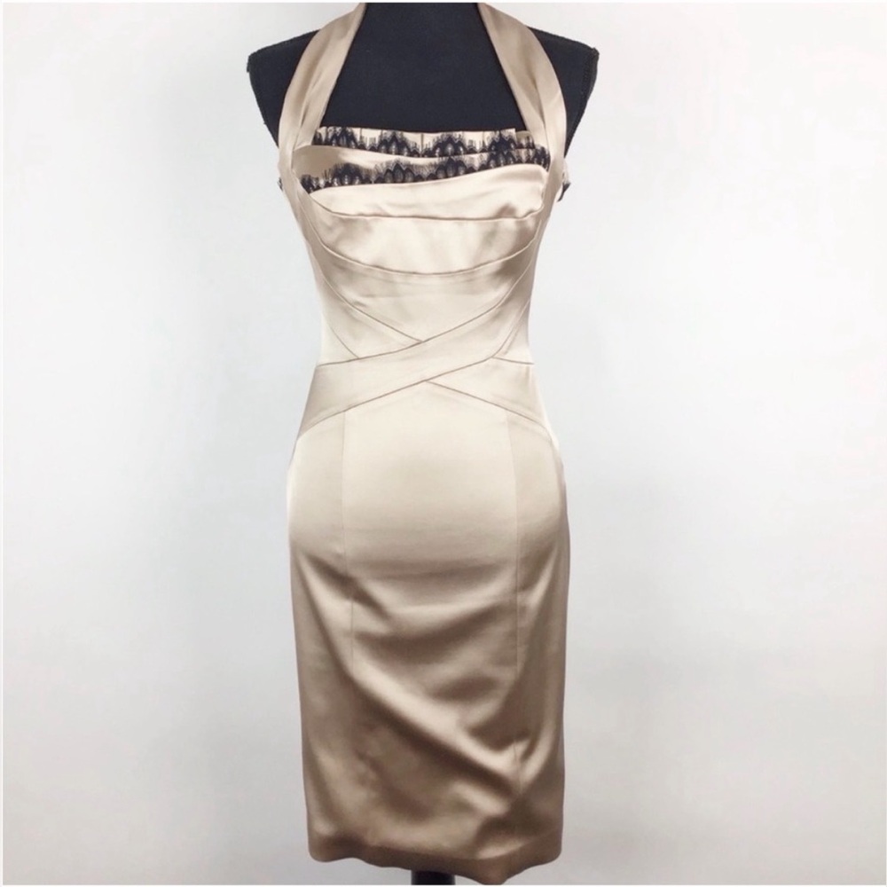 Karen Millen Champagne Satin Halter Bandage Cocktail Dress in Gold and Black